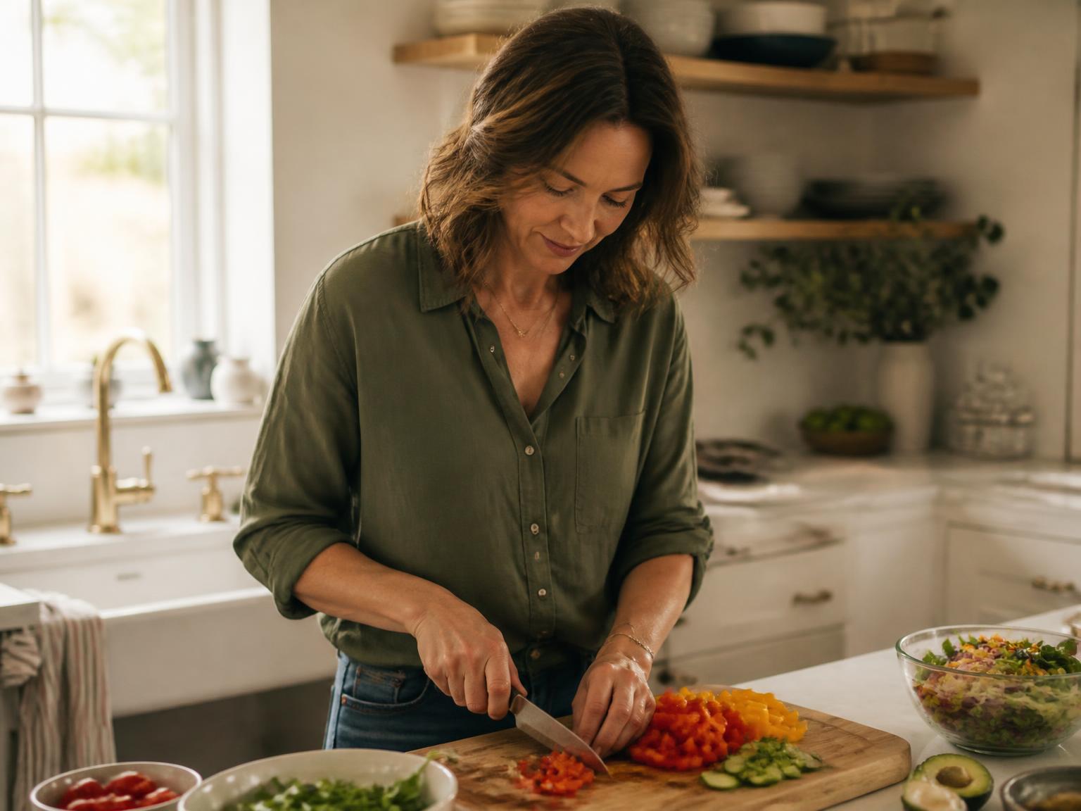 Woman preparing a fresh, colorful meal in a bright kitchen