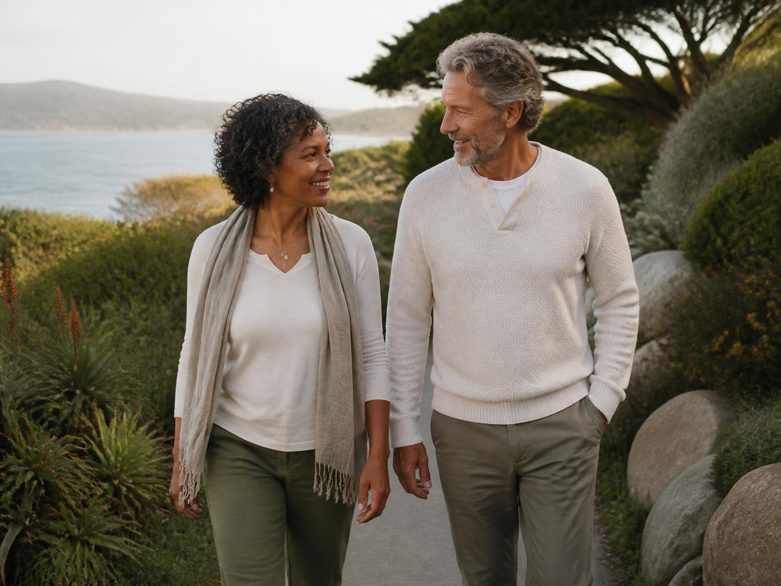 Active couple sharing a relaxed walk along a coastal garden path