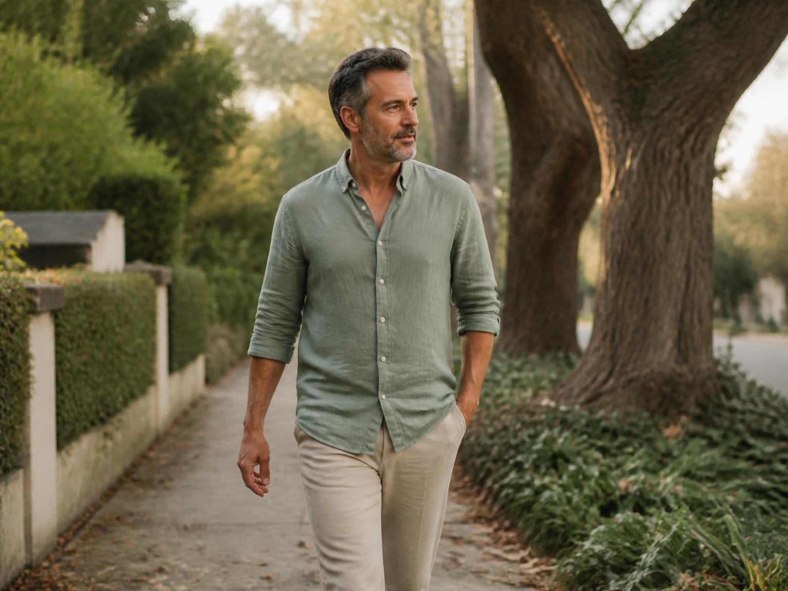Man walking confidently along a leafy neighborhood path