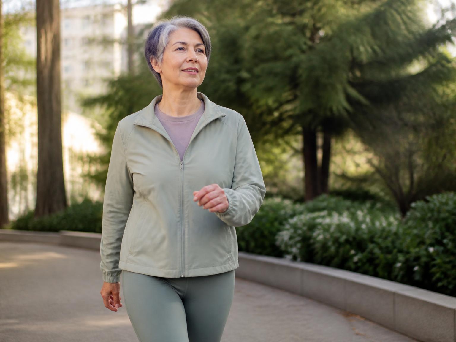 Active older woman taking a morning walk through a green park