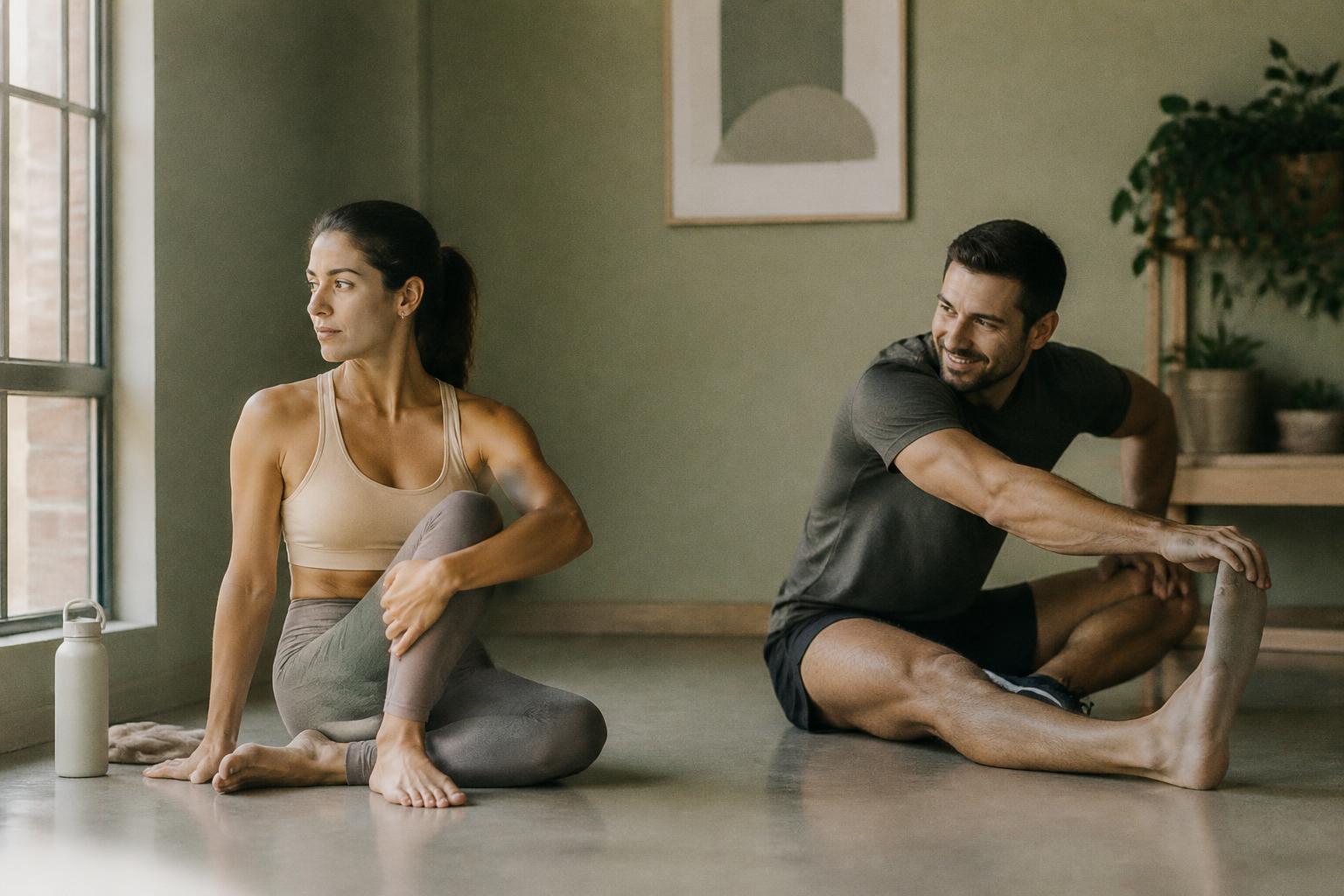 A man and a woman stretching together in a sunlit sage-toned studio