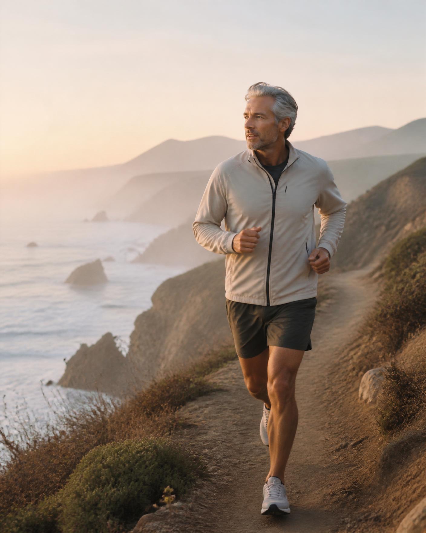 Man running along a coastal cliff path at dawn