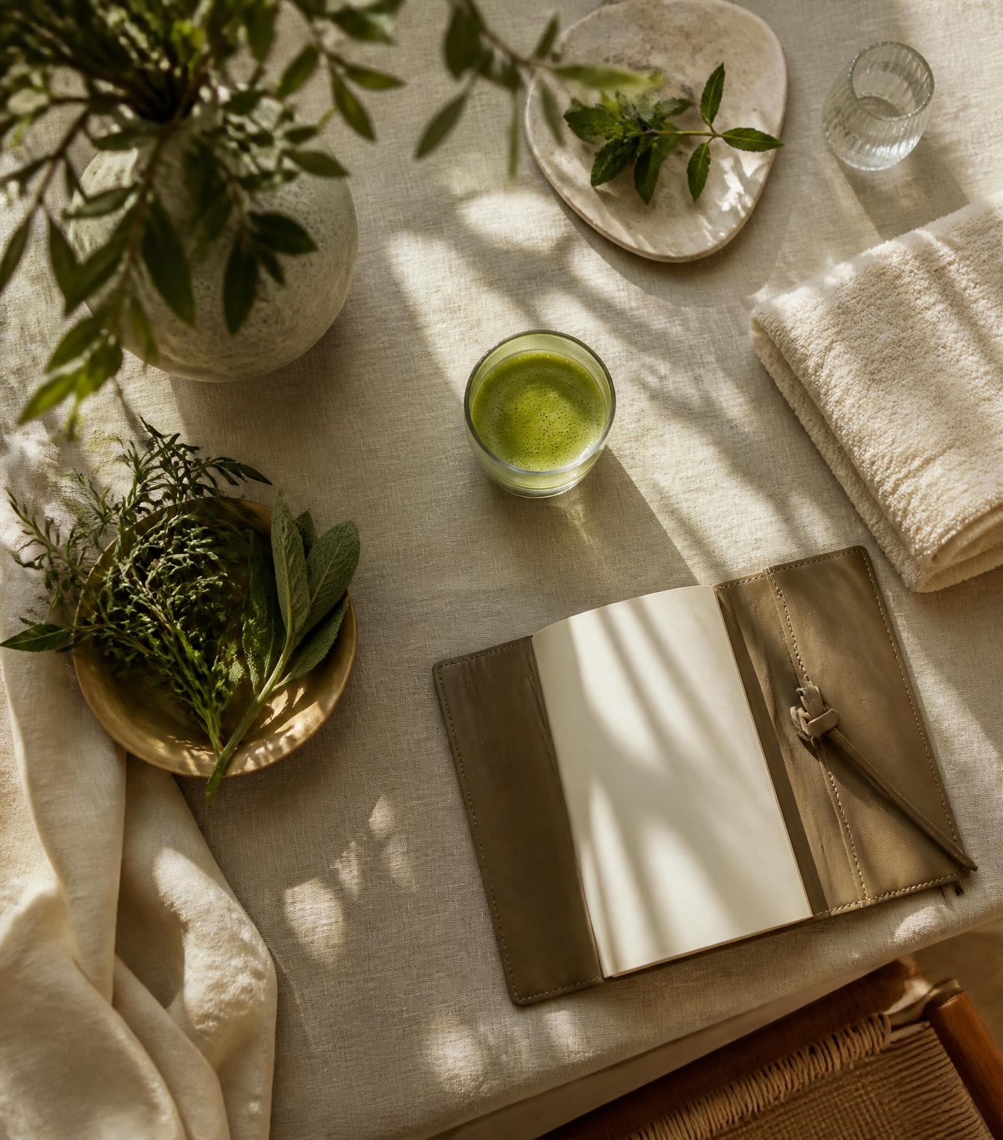 A quiet morning wellness ritual on a linen-draped table